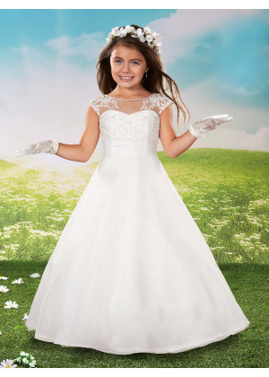 Beaded Ivory Lace Organza V Back Long Flower Girl Dress